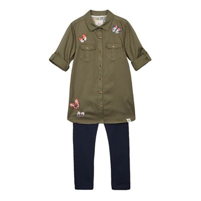 Girls' khaki butterfly embroidered shirt dress and navy leggings set